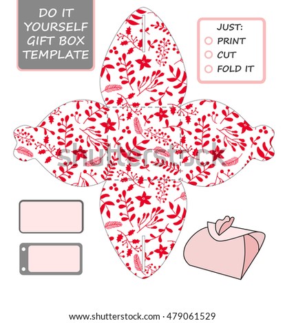 Christmas vector packaging template. Favor, gift box die cut. Box template. Red and white pattern with holly, mistletoe and poinsettia.