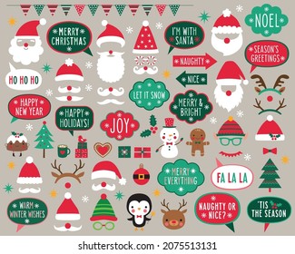 Christmas vector party props (speech bubbles with holiday greetings, Santa red hats, decoration and design elements)