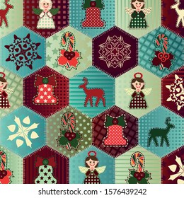 Christmas vector patchwork with angel, bell, deer, christmas candy, snowflake and holly. Sweet background for your design. New year pattern with symbols of Christmas