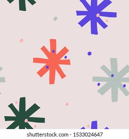Christmas vector pattern abstract simple snowflakes. Hand drawn doodle minimalist illustrations on seasonal winter seamless background, wrapping paper or fabric print.