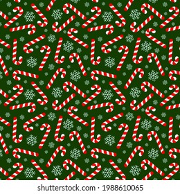 christmas vector pattern with candy cane and snowflakes on a green background