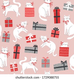 Christmas vector pattern with cats with bows and gift boxes. Hand drawn seamless background with cats, presents with bows. 