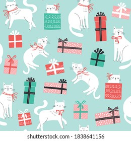 Christmas vector pattern with cats with bows and gift boxes. Hand drawn seamless background with cats, presents with bows. 