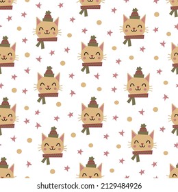 Christmas vector pattern with cats. Hand drawn winter seamless background