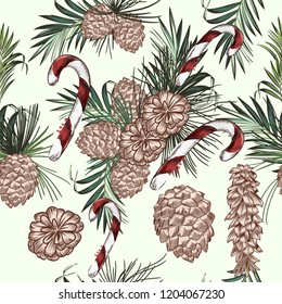 Christmas vector pattern with corns and sweets, Xmas tree