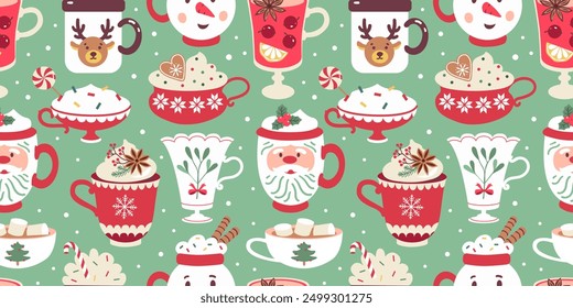 Christmas vector pattern with cups of hot chocolate, cacao, grog for wallpaper, wrapping paper and seasonal decor