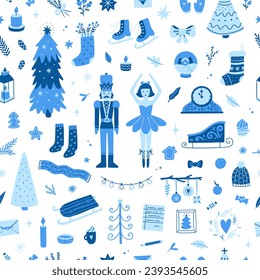 Christmas vector pattern. Cute seamless pattern with holiday decorations. Winter background in blue colors