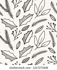 Christmas vector pattern. Floral seamless background with winter foliage. Holly leaves, pines, branches. 