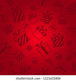 Christmas vector pattern with gift boxes on red background. New year vector design. Wrapping paper for Christmas gift boxes, birthday, wedding and other holidays