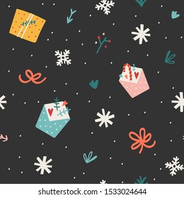 Christmas vector pattern with gifts, berry and branches, snowflakes and envelopes. Hand drawn doodle illustrations on seasonal winter seamless background, wrapping paper or fabric print.
