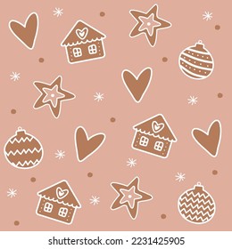 Christmas vector pattern. Gingerbread symbols.