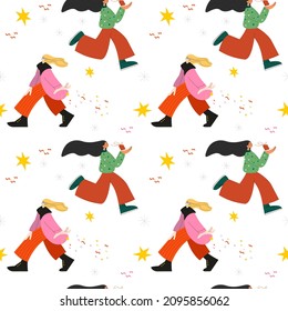 Weihnachtsvektormuster. Mädchen wirft festliche Konfetti. Das Mädchen rennt mit einem Geschenk. Geschenkpapier, Textil, Druck.
