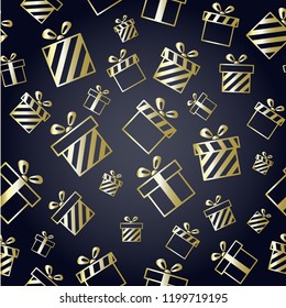 Christmas vector pattern with gold gift boxes on black background. New year vector design. Christmas design for cards, invitation, gift boxes, birthday, wedding and other holidays
