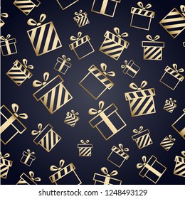 Christmas vector pattern with gold gift boxes on black background. New year vector design. Christmas design for cards, invitation, gift boxes, birthday, wedding and other holidays wrapping paper print