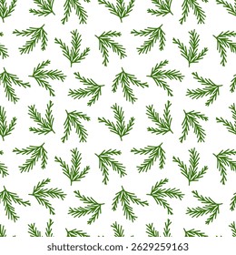Christmas vector pattern with green pine twigs foliage on a white background. Vector illustration