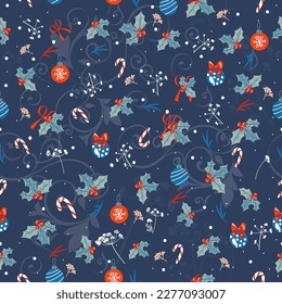 Christmas vector pattern with holly leaves, candies and baubles for design