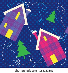 Christmas vector pattern with houses and fir-trees
