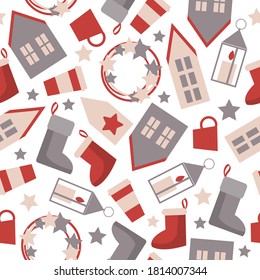 Christmas vector pattern with houses in red and gray colors.