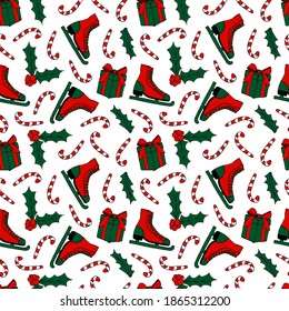 Christmas vector pattern. Ice skates, gift boxes, branches of mistletoe, candy canes. Design for wrapping paper, greeting cards, invitations home decor, stickers, textile.
