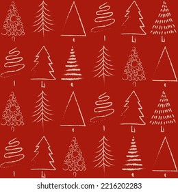 CHRISTMAS VECTOR PATTERN. Minimal xmas tress pattern with red background. Christmas templates. Print design with repeating trees.