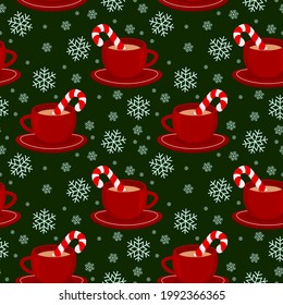 christmas vector pattern with a red cocoa cup, snowflakes and candy cane on a dark green background