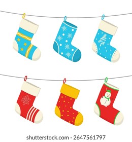 Christmas vector pattern. Red socks icon for holiday season design. Winter cartoon illustration with cute snow and warm tree. Fun decoration collection for cozy december greeting.