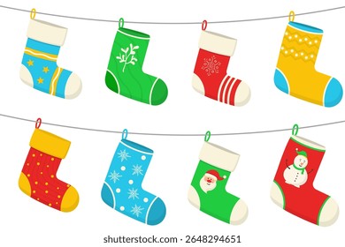 Christmas vector pattern. Red socks icon for holiday season design. Winter cartoon illustration with cute snow and warm tree. Fun decoration collection for cozy december greeting.