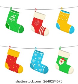 Christmas vector pattern. Red socks icon for holiday season design. Winter cartoon illustration with cute snow and warm tree. Fun decoration collection for cozy december greeting.