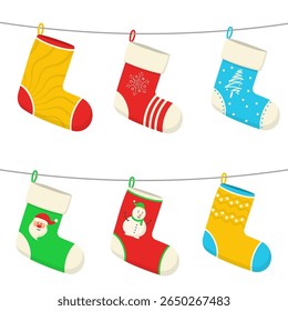 Christmas vector pattern. Red socks icon for holiday season design. Winter cartoon illustration with cute snow and warm tree. Fun decoration collection for cozy december greeting.