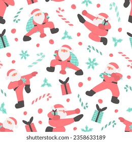 Patrón vectorial de Navidad con Santa Clauses en poses de ninja, latas de dulces y cajas de regalo. Textura de vacaciones de Año Nuevo sin inconvenientes para envolver papel 