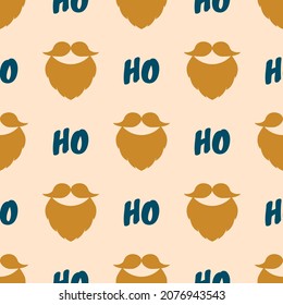 Christmas vector pattern. Seamless background with a beard, mustache, and text Ho Ho Ho. Colour palette Pop Art Style. Festive design for poster backdrop, gift wrappers, textile, fabrics, cards, etc.

