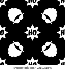 Christmas vector pattern. Seamless background with a beard, mustache, and text Ho Ho Ho in stars. White elements on black color. Design for poster backdrop, gift wrappers, textiles, fabrics, etc.