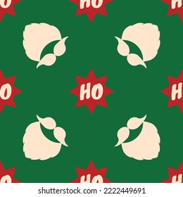 Christmas vector pattern. Seamless background with a beard, mustache, and text Ho Ho Ho in stars. Red and cream elements on green color. Design for poster backdrop, gift wrappers, textiles, fabrics.