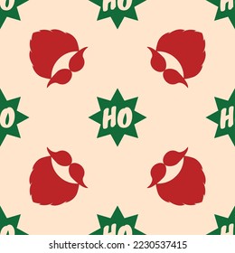 Christmas vector pattern. Seamless background with a beard, mustache, and text Ho Ho Ho in stars. Red and green elements on cream color. Design for poster backdrop, gift wrappers, textiles, fabrics.