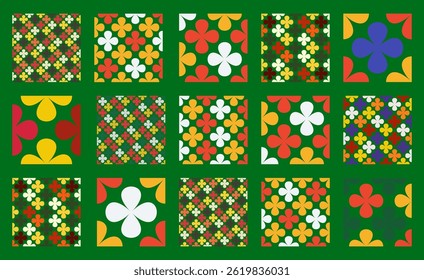Kerst vectorpatroon ingesteld in een naadloos ontwerp met feestelijke klaver zoals bloemvormen met een geruite lay-out. Ideaal voor moderne vakantie achtergronden, wallpapers, en decoratieve prints