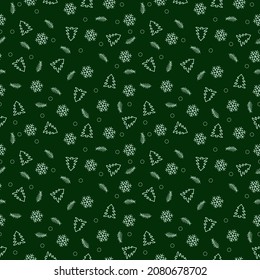 Christmas vector pattern with snowflakes and silhouettes of Christmas trees on a dark green background. New Year's theme