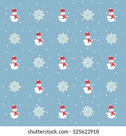 Christmas vector pattern. Snowman and snowflakes on a blue background.