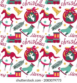 christmas vector pattern . Christmas toys horse   train  bell . Christmas elements angel , skates , coniferous branch . seamless blank on a white background . Textiles , packaging , printing