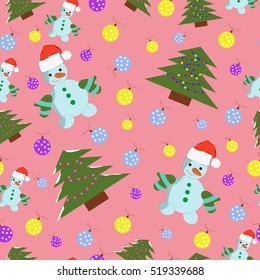 Christmas vector pattern with trees and snowmen