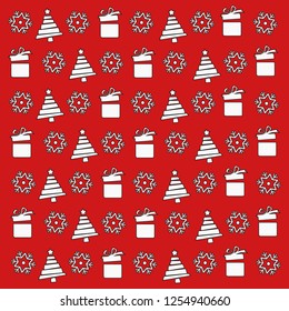 Christmas vector pattern with a white pattern of snowflakes, christmas trees and gift boxes on red background