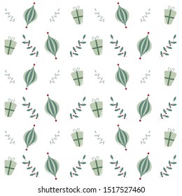 Christmas vector pattern for wrap and background with winter flora, gift and tree toy ball in green colours