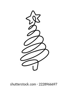 Christmas vector pine fir tree one line art with star. Continuous one line drawing. illustration minimalistic design for xmas and New Year type concept.