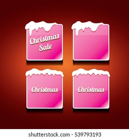 Christmas vector pink glossy buttons set on classic red background. web pink christmas sale buttons with snow, ice border