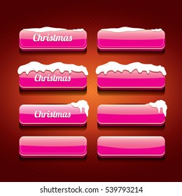 Christmas vector pink glossy buttons set on classic red background. web pink christmas sale buttons with snow, ice border