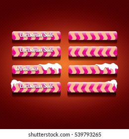 Christmas vector pink glossy buttons set on classic red background. web pink christmas sale buttons with snow, ice border