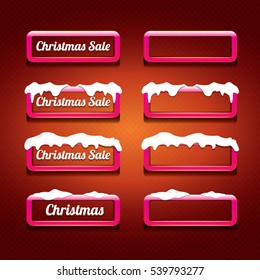 Christmas vector pink glossy buttons set on classic red background. web pink christmas sale buttons with snow, ice border