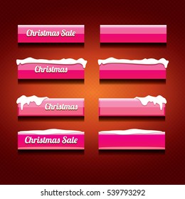 Christmas vector pink glossy buttons set on classic red background. web pink christmas sale buttons with snow, ice border