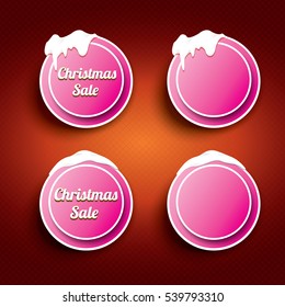 Christmas vector pink glossy buttons set on classic red background. web pink christmas sale buttons with snow, ice border