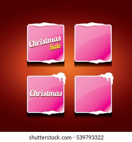 Christmas vector pink glossy buttons set on classic red background. web pink christmas sale buttons with snow, ice border