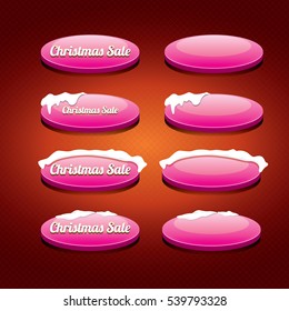 Christmas vector pink glossy buttons set on classic red background. web pink christmas sale buttons with snow, ice border